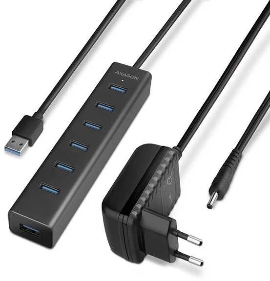 AXAGON HUE-SA7BP 7x USB3.0 ALU įkrovimo šakutė, įsk. AC Adapteris, Juodas