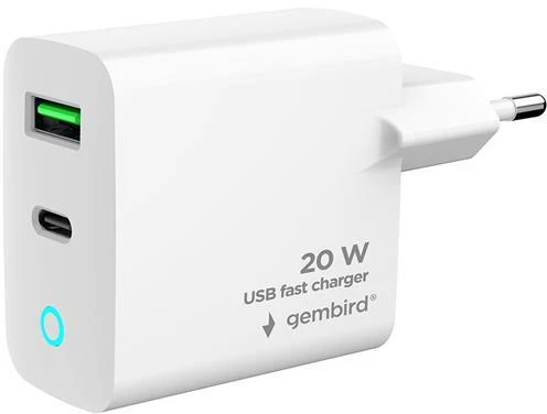 Adapteris įkroviklis Gembird USB Type-C + USB Type-A LED baltas
