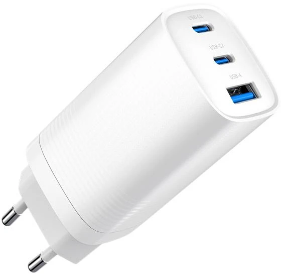 Gembird TA-UC-PDQC65-01-W 3 prievadų 65 W GaN USB „PowerDelivery“ greitasis įkroviklis, baltas