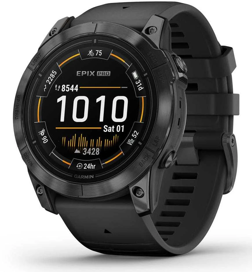Išmanusis laikrodis Garmin Epix Pro (Gen 2) , Pilkos spalvos nerūdijančio plieno korpusas (51 mm), Juodos spalvos silikoninis dirželis