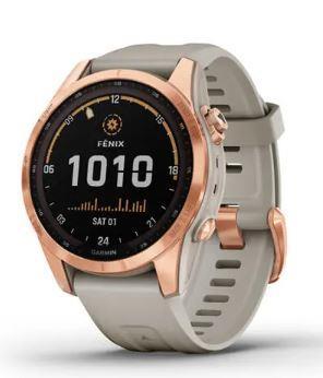 Išmanusis laikrodis Garmin fenix 7S Solar, Rausvojo aukso spalvos, su  šviesios smėlio spalvos silikoniniu dirželiu | Varle.lt