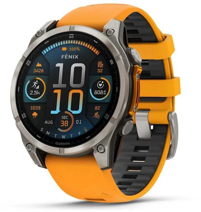 Išmanusis laikrodis Garmin Fenix 8 – 51 mm, AMOLED Sapphire, Iš titano su oranžiniu / grafito spalvos silikoniniu dirželiu