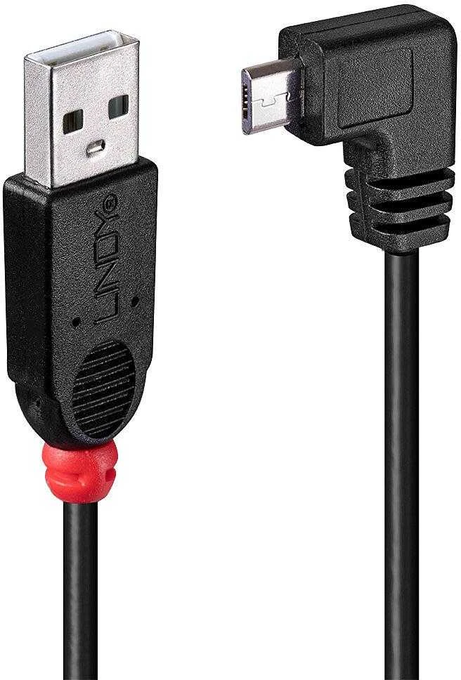 USB Kabelis - LINDY USB 2.0 Type A į Micro-B Laidas, 90° Dešinysis Kampas, 0.5 m, Juodas