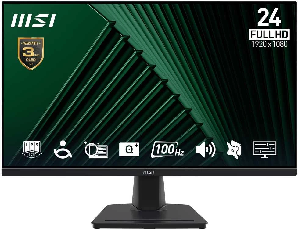 MSI Pro MP245G 24 colių monitorius, FHD (1920 x 1080), 100Hz, IPS, 1 ms, 1x HDMI 1.4b, 1x DP 1.2a išvestis, 1x D-Sub (VGA), įmontuoti garsiakalbiai, apsauga nuo akinimo, apsauga nuo mirgėjimo, mažiau Mėlyna šviesos, TÜV sertifikuotas, VESA, Kensington, Juodas