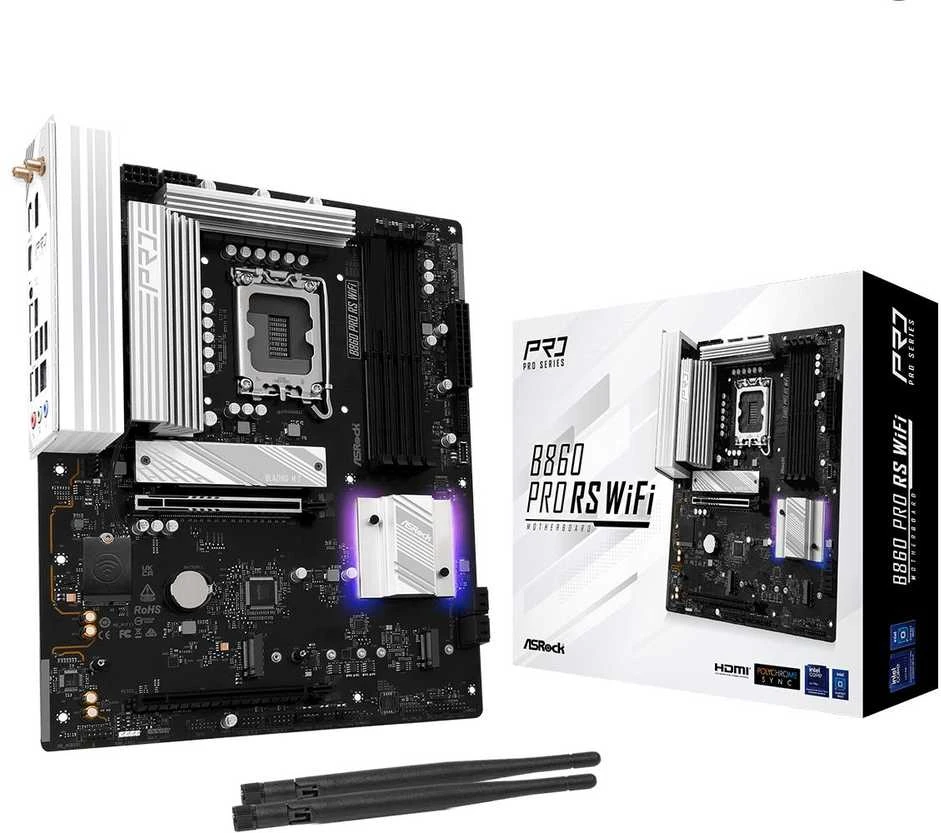 Pagrindinė plokštė ASRock B860 PRO RS WIFI | Procesorių šeima Intel | Procesoriaus lizdas LGA1851 | DDR5 | Palaikomos kietojo disko sąsajos SATA, M.2 | SATA jungčių skaičius 4