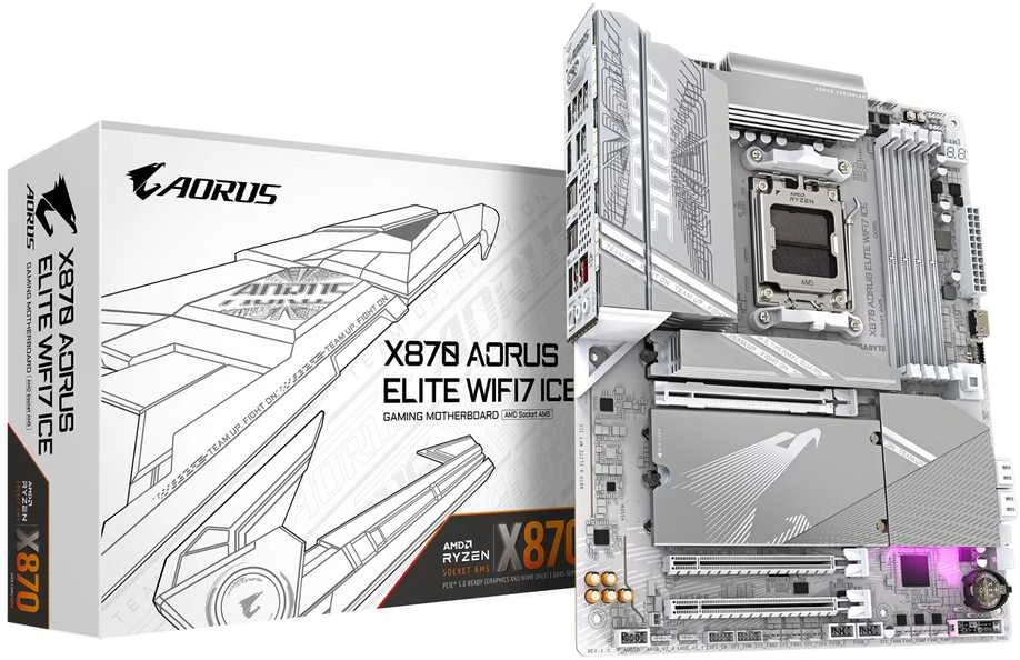 Pagrindinė plokštė Mainboard GIGABYTE AMD X870 Socket AM5 ATX RAM DDR5-SDRAM 4xSlots On-board graphics card Yes Wi-Fi Yes Bluetooth Yes 4xNumber of M.2 (M) slots X870 AORUS ELITE WIFI7 ICE X870AELITEWF7ICE1.1