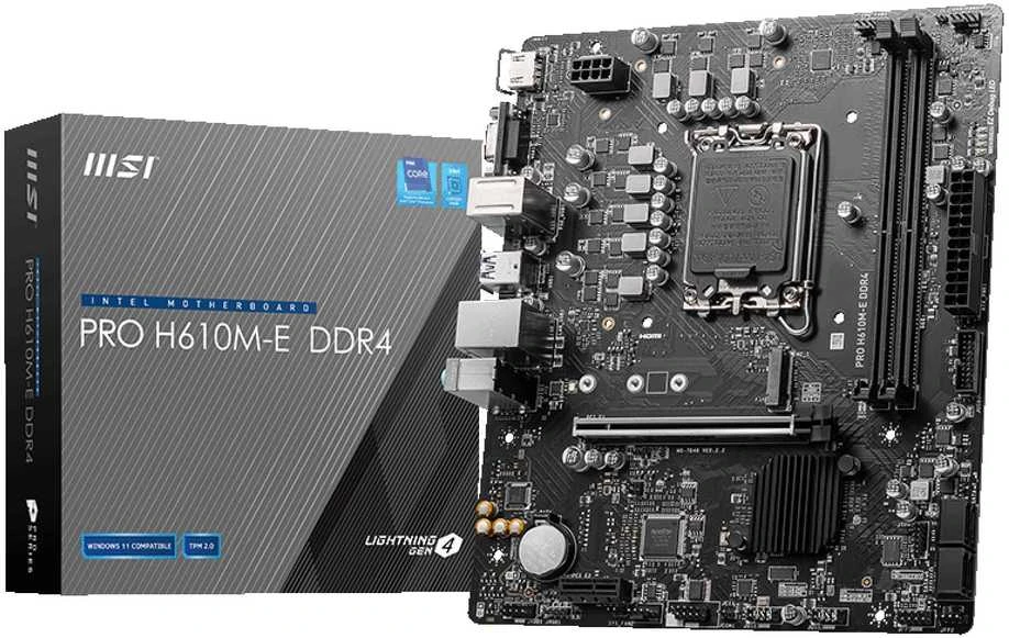 Pagrindinė plokštė MSI PRO H610M-E DDR4 | Intel H610 | LGA1700 | MicroATX | 2x DDR4 lizdai | 1x PCI-Express 1x | 1x PCI-Express 16x | 1 x M.2 | 1x 15pin D-sub | 1x HDMI | 4xUSB 2.0 | 2x USB 3.2 | 1xPS/2 | 1x RJ45 | 3x garso jungtys
