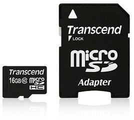 Atminties kortelė TRANSCEND 16GB micro SDHC kortelė, 10 klasė, su SD adapteriu