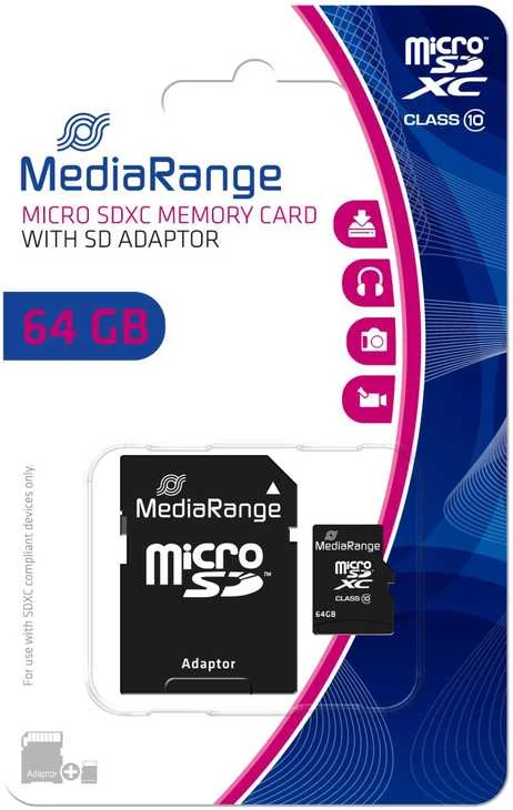 „MediaRange“ atminties kortelė „Micro SDXC“ 64 GB C10/su adapteriu MR955 „MEDIARANGE“