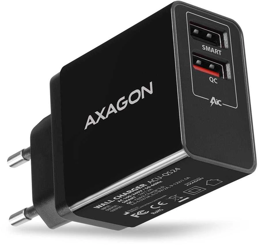 AXAGON Dvigubas sieninis įkroviklis 240V/2x USB prievadas QC3.0/AFC/FCP ir 5V-1.2A, 24W | ACU-QS24