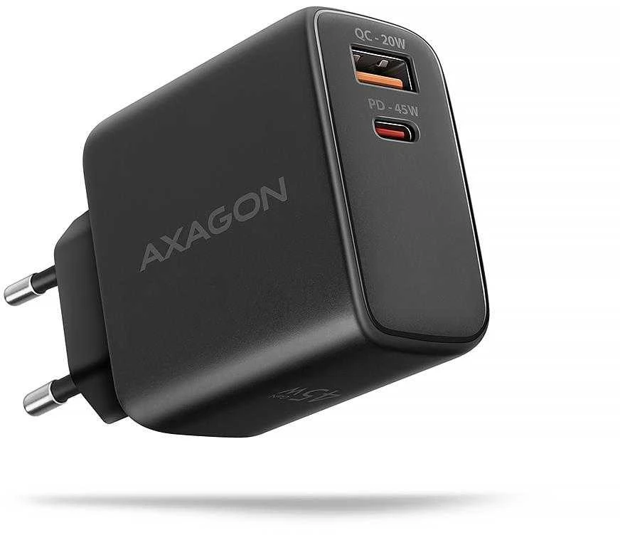 AXAGON GaN sieninis įkroviklis 2x prievadas (USB-A + USB-C), PD3.0/PPS/QC4+/SFC2.0/AFC/SCP/FCP/Apple, 45W | ACU-PQ45