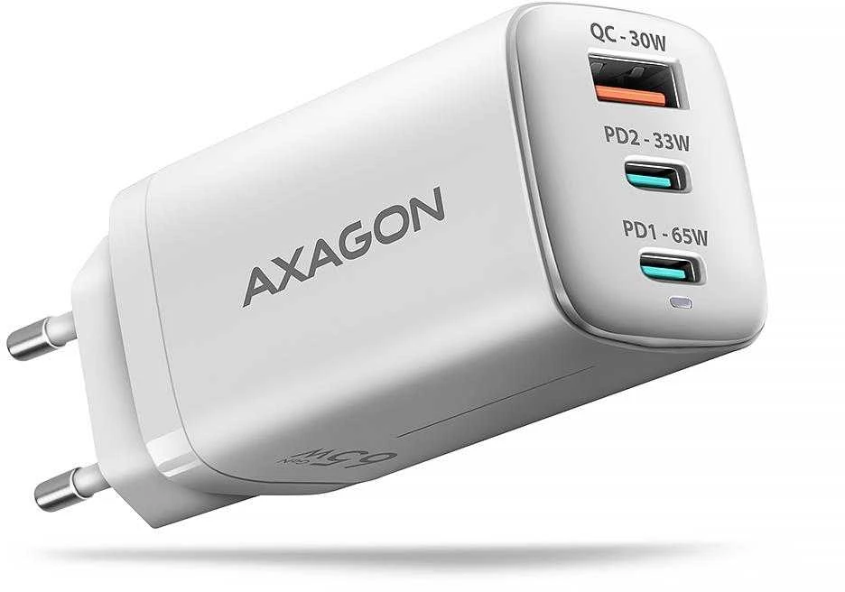 AXAGON GaN sieninis įkroviklis 3x prievadas (USB-A + 2x USB-C), PD3.0/PPS/QC4+/SFC2.0/AFC/SCP/FCP/Apple, 65W | ACU-DPQ65W