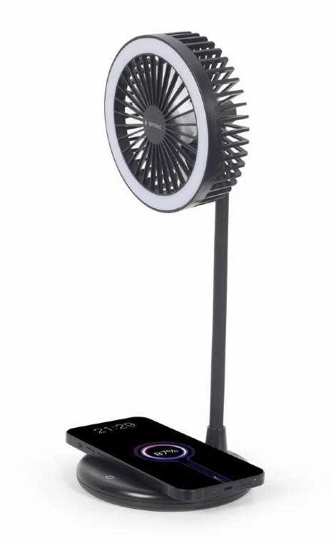 Gembird | TA-WPC10-LEDFAN-01 stalinis ventiliatorius su lempute ir belaidžiu įkrovikliu | N/A | Telefonas arba planšetinis kompiuteris su integruotu belaidžiu „Qi“ įkrovimu