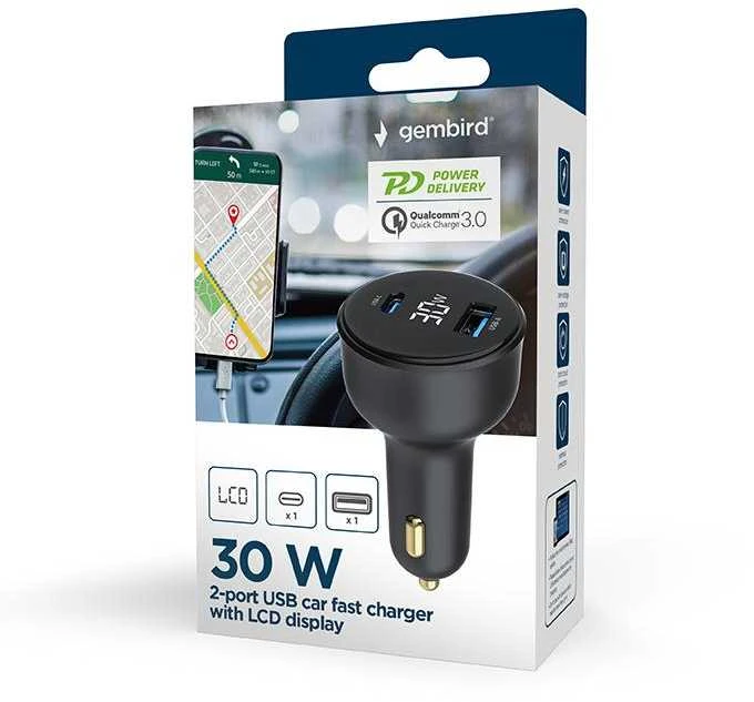 Gembird Greitas automobilinis įkroviklis 2x USB, C tipo (PD), LCD, 30W, juodas