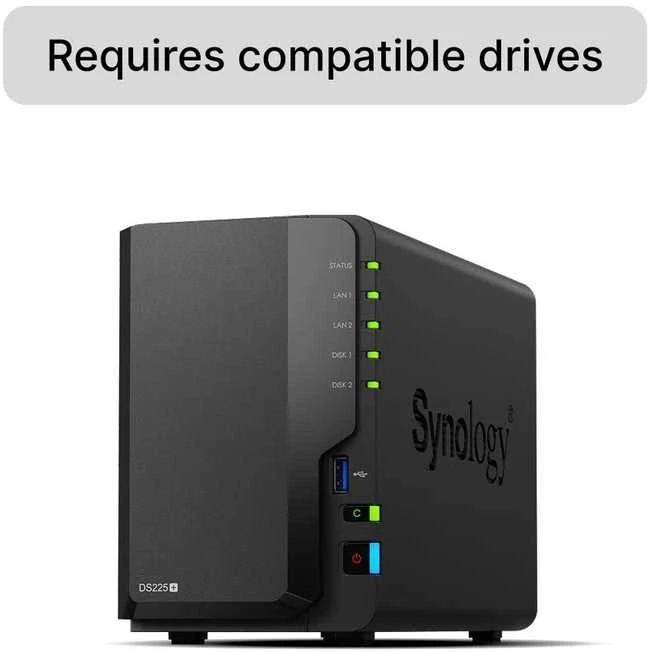 Serveris „Synology DS225+“ 2 skyrių NAS stacionarus diskas „Intel® Celeron® J4125“ 2 GB DDR4 „Synology DSM Juodas“ – tik „Synology“ kietasis diskas