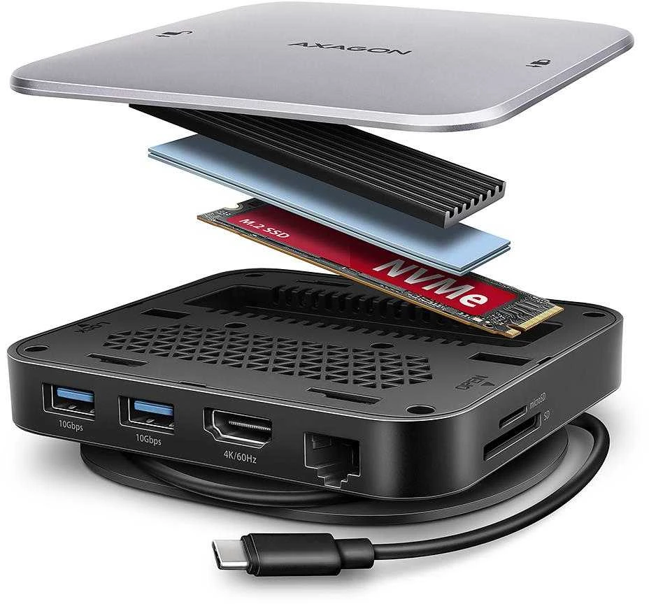 AXAGON HMC-UFO USB 10Gbps šakotuvas, 2x USB-A, USB-C, HDMI 4k/60, RJ-45, M.2, SD/mSD, garso jungtis, PD