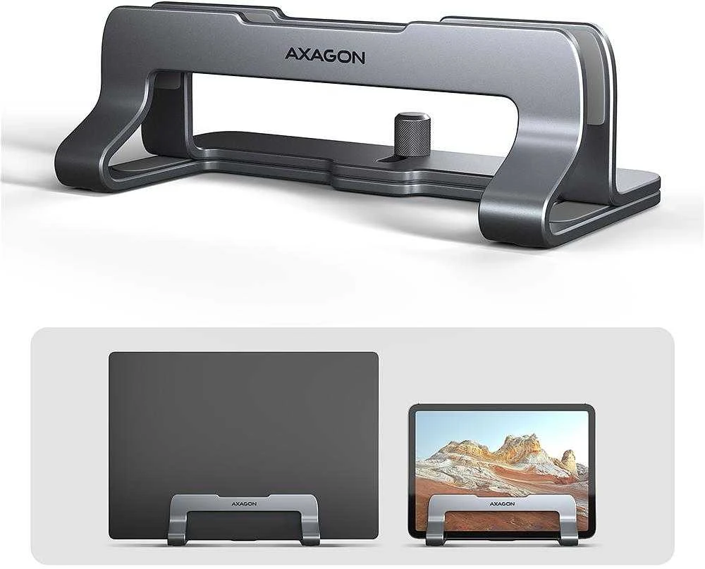 AXAGON STND-VG Vertical Nešiojamas kompiuteris Stand, adjustable width, aliuminio – pilkas