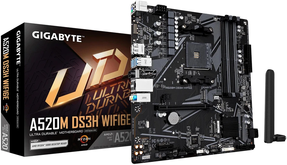 Pagrindinė plokštė „Gigabyte A520M DS3H WIFI6E“ | Procesoriaus šeima AMD | Procesoriaus lizdas AM4 | DDR4 | Palaikomos standžiojo disko sąsajos SATA, M.2 | SATA jungčių skaičius 4