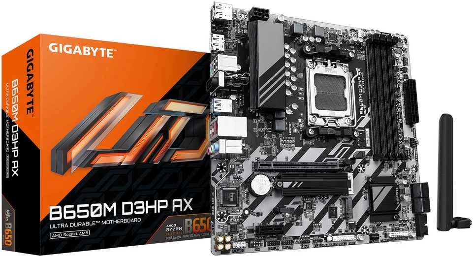 „Gigabyte“ | B650M D3HP AX 1.0 pagrindinė plokštė | Procesorių šeima AMD | Procesoriaus lizdas AM5 | DDR5 | Palaikomos standžiojo disko sąsajos SATA, M.2 | SATA jungčių skaičius 4