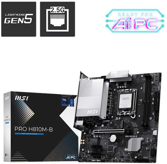 Pagrindinė plokštė MSI PRO H810M-B | Procesoriaus šeima Intel H810 | Procesoriaus lizdas LGA1851 | DDR5 | Palaikomos standžiojo disko sąsajos SATA, M.2 | SATA jungčių skaičius 4