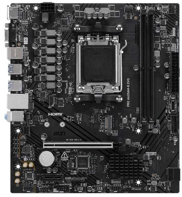 Pagrindinė plokštė MSI PRO A620AM-B EVO | Procesorių šeima AMD | Procesoriaus lizdas AM5 | DDR5 | Palaikomos standžiojo disko sąsajos SATA, M.2 | SATA jungčių skaičius 2