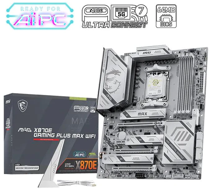 MSI MAG X870E GAMING PLUS MAX WIFI | Procesorių šeima AMD | Procesoriaus lizdas AM5 | DDR5 | Palaikomos standžiojo disko sąsajos SATA, M.2 | SATA jungčių skaičius 4
