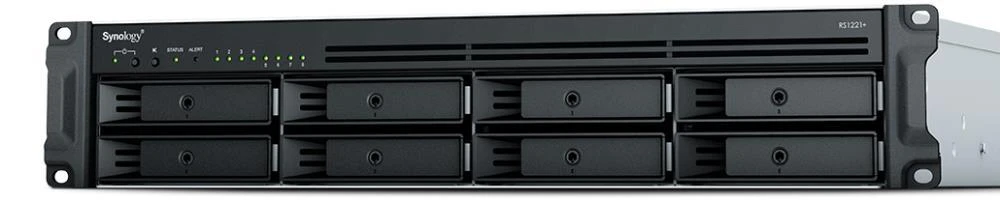Serveris SYNOLOGY RS1221RP+ 8 skyrių NAS-Rackmount AMD Ryzen V1500B keturių branduolių 2,2 GHz 4GB DDR4 iki 32GB RJ-45 4x1GbE 2xUSB 3.2 1xeSATA