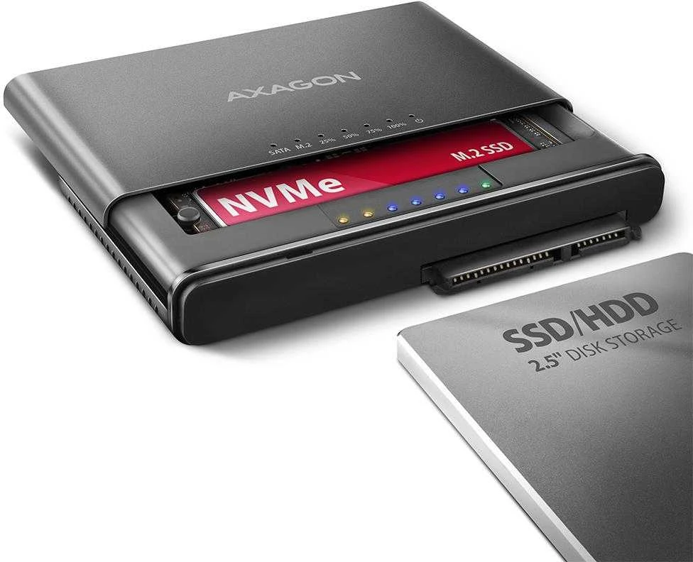 „Axagon USB 3.2 Gen 2“ adapteris, skirtas prijungti NVMe M.2 SSD diskus ir SATA 2.5''/3.5'' diskus su klonavimo funkcija.