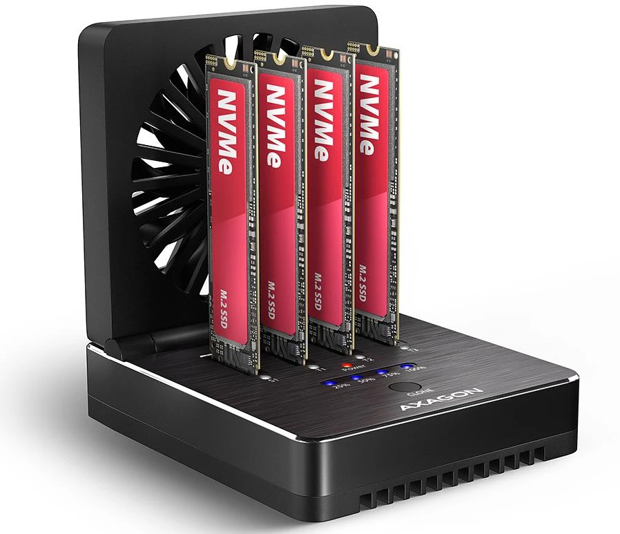 „Axagon ADSA-M2C44 USB4“ prijungimo stotelė, skirta 4 M.2 NVMe SSD diskams su diskų klonavimo funkcija be kompiuterio