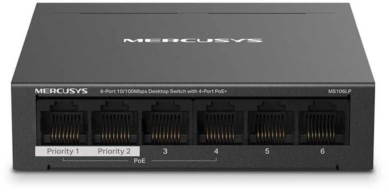 Šakotuvas „Mercusys“ | MS106LP | 6 prievadų 10/100 Mbps stalinis komutatorius su 4 prievadų „PoE+“ | Stalinis | 10/100 Mbps (RJ-45) kiekis: 6