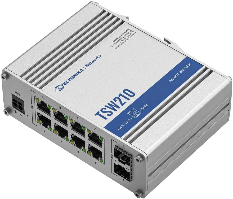 Šakotuvas Teltonika | Jungiklis | TSW210 | Nevaldomas | Tvirtinama prie sienos | Gigabit Ethernet (vario) jungtys kiekis 8 | SFP jungtys kiekis 2 | 24 mėn.