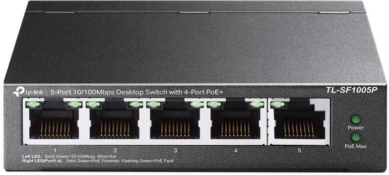Šakotuvas TP-LINK 5 prievadų 10/100Mbps stalinis komutatorius su 4 prievadų PoE, 5 10/100Mbps RJ45 jungtimis, įskaitant 4 PoE jungtis, 58 W PoE maitinimo šaltinį, plienas