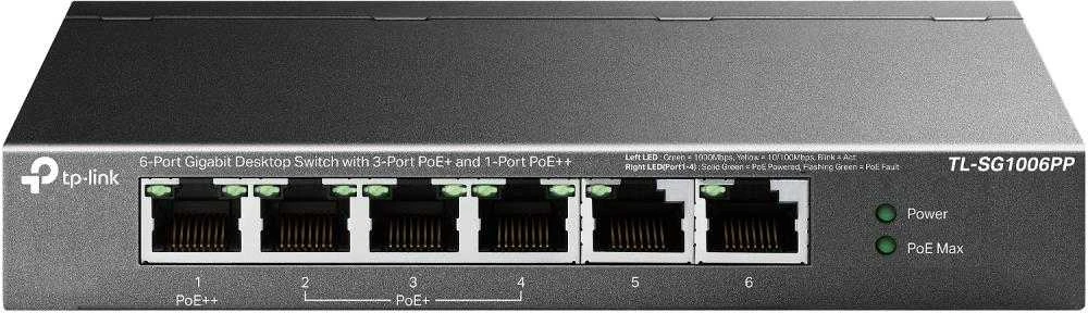Šakotuvas TP-LINK | 6 prievadų gigabito komutatorius su 3 prievadų PoE+ ir 1 prievado PoE++ | TL-SG1006PP | Nevaldomas | Stalinis
