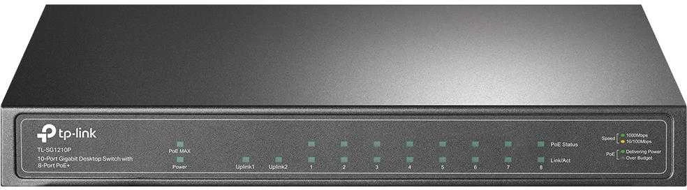 Šakotuvas TP-LINK 10 prievadų Gigabit PoE+ jungiklis 8 Gigabit PoE+ prievadai, 1 Gigabit RJ45 prievadai ir 1 Gigabit SFP lizdai 802.3at/af 63W PoE galia