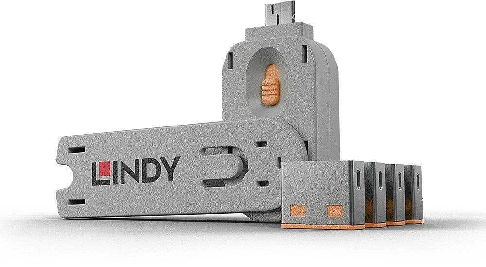 USB Prievado Blokatorius - LINDY USB A Prievado Blokatorius, 4 vnt + USB Type A Prievadai su Raktu, Oranžinis