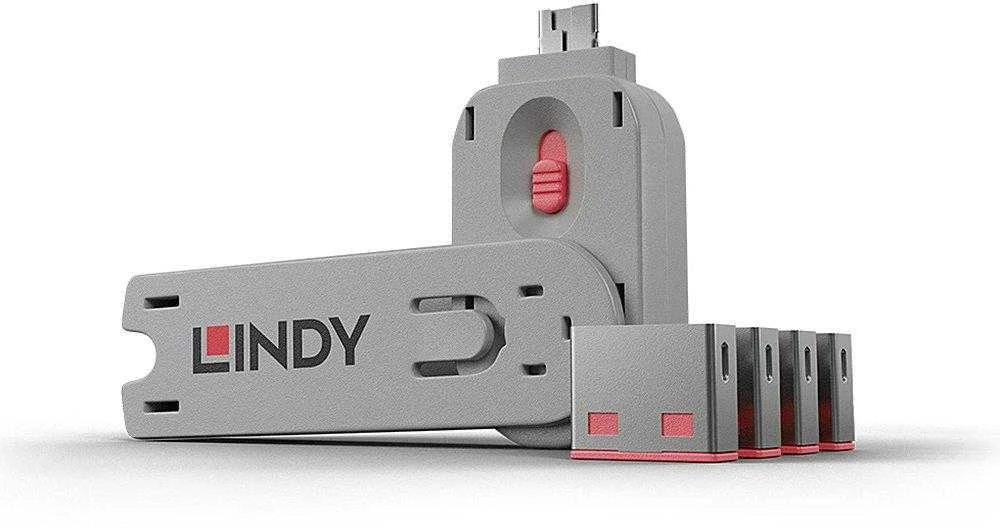 USB Priedas - LINDY USB A Prievado Blokatorius 4 vnt. + Raktas, Rožinis