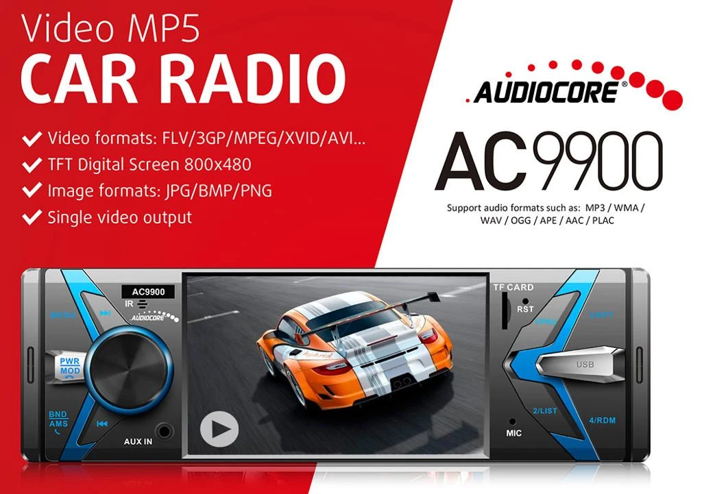 Automagnetola Nešiojamas stereofoninis automobilis AUDIOCORE AC9900 (USB, USB + AUX, USB + AUX + SD kortelės)