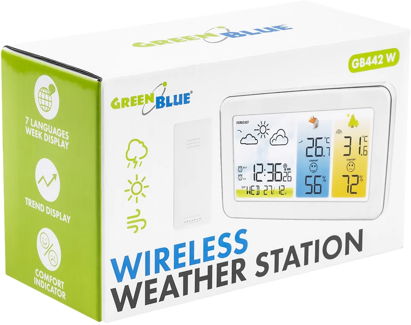 Bezprzewodowa stacja pogody GreenBlue,temperatura + wilgotność IN/OUT, zega/alarm/data, °C / °F, zasięg do 60m, GB442 W