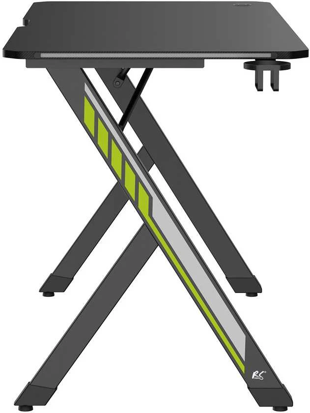 Biurko „NanoRS“ žaidimų stalas, juodas su ausinių ir puodelio laikikliu, RGB foniniu apšvietimu, maks. 75 kg, matmenys 1200 x 600 x 750 mm, RS102