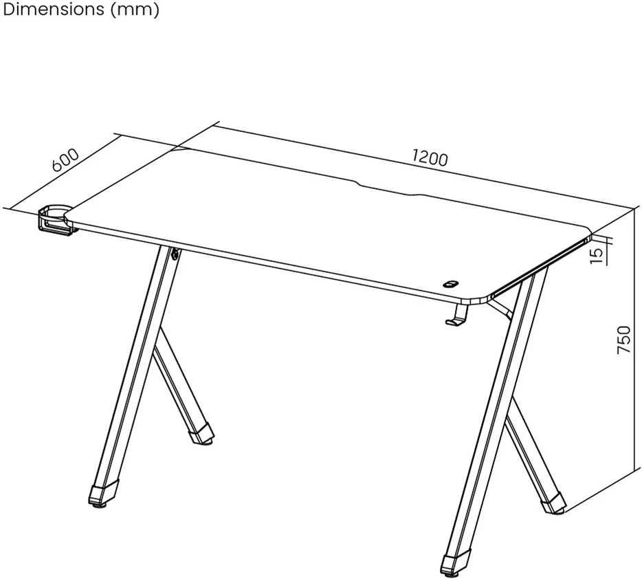 Biurko „NanoRS“ žaidimų stalas, juodas su ausinių ir puodelio laikikliu, maks. 75 kg, matmenys 1200 x 600 x 750 mm, RS101