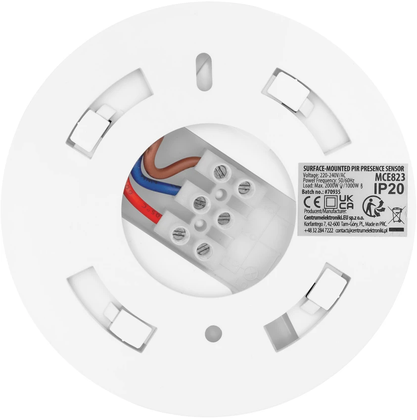 PIR judesio jutiklis Maclean, montuojamas ant paviršiaus, veikimo nuotolis 10x40 m, 1000 W/2000 W, 220–240 V AC, 50/60 Hz, MCE823