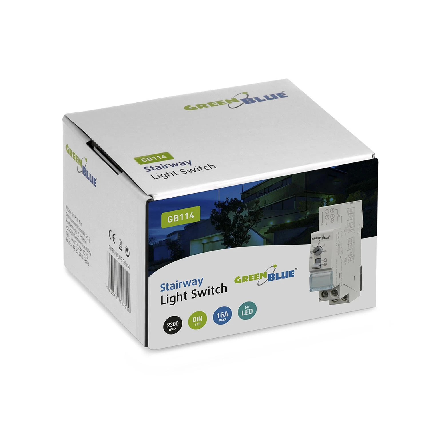 GreenBlue GB114 45780 Automatinis laiptinės apšvietimas DIN bėgeliui, reguliuojamas 30 s–10 m, maks. 2300 W