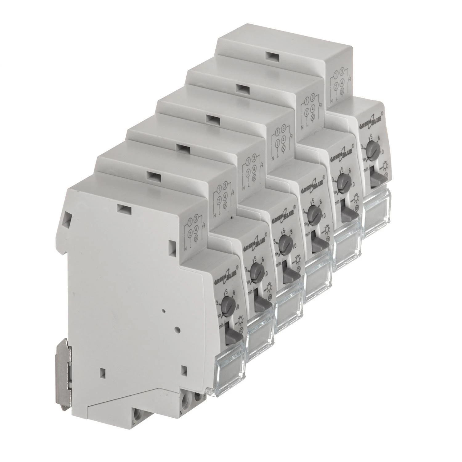 GreenBlue GB114 45780 Automatinis laiptinės apšvietimas DIN bėgeliui, reguliuojamas 30 s–10 m, maks. 2300 W