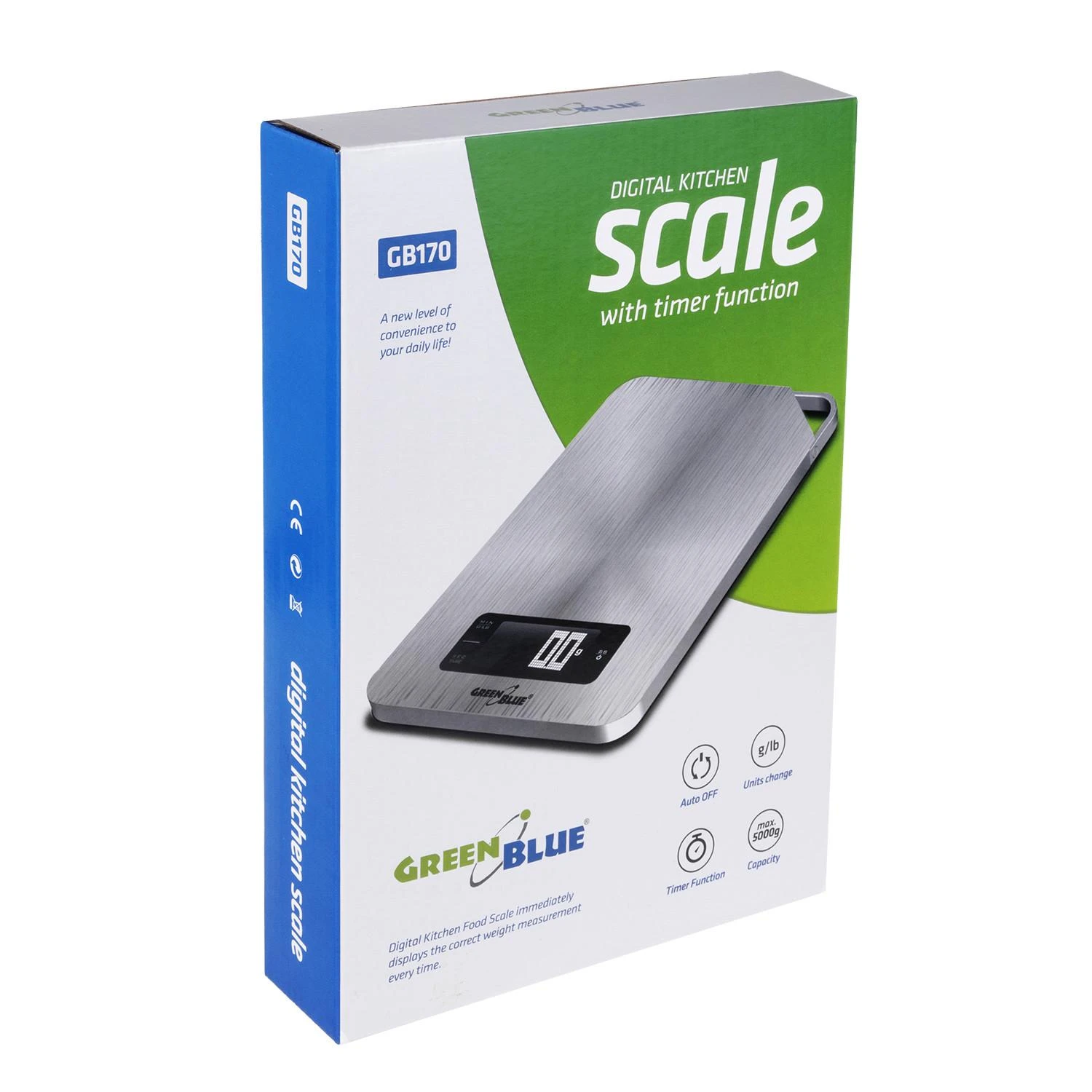 Virtuvinės svarstyklės Svarstyklės Skaitmeninės virtuvės svarstyklės su laikmačiu GreenBlue GB170 min 1g max 5000g