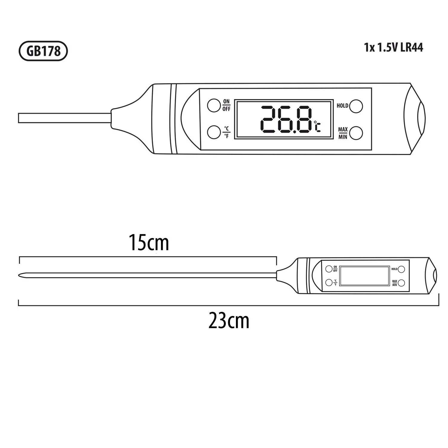 GreenBlue GB178 maisto termometro skaitmeninis zondas 15 cm, temperatūros diapazonas -50 laipsnių C iki +300 laipsnių C,