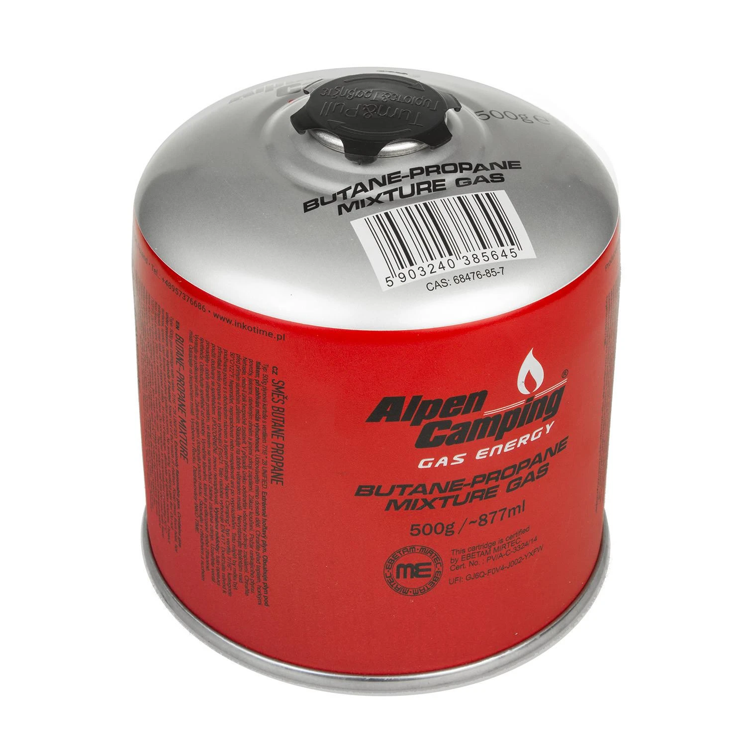 Inko Time 500g dujų kasetė Alpen Camping. sertifikatas: Pi 0437, atitinka EN417, propanas-butanas, diapazonas nuo -10 ° C iki + 40 ° C, srieginis vožtuvas 7 /