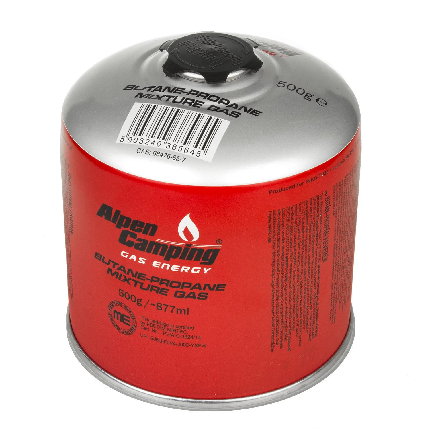 Inko Time 500g dujų kasetė Alpen Camping. sertifikatas: Pi 0437, atitinka EN417, propanas-butanas, diapazonas nuo -10 ° C iki + 40 ° C, srieginis vožtuvas 7 /