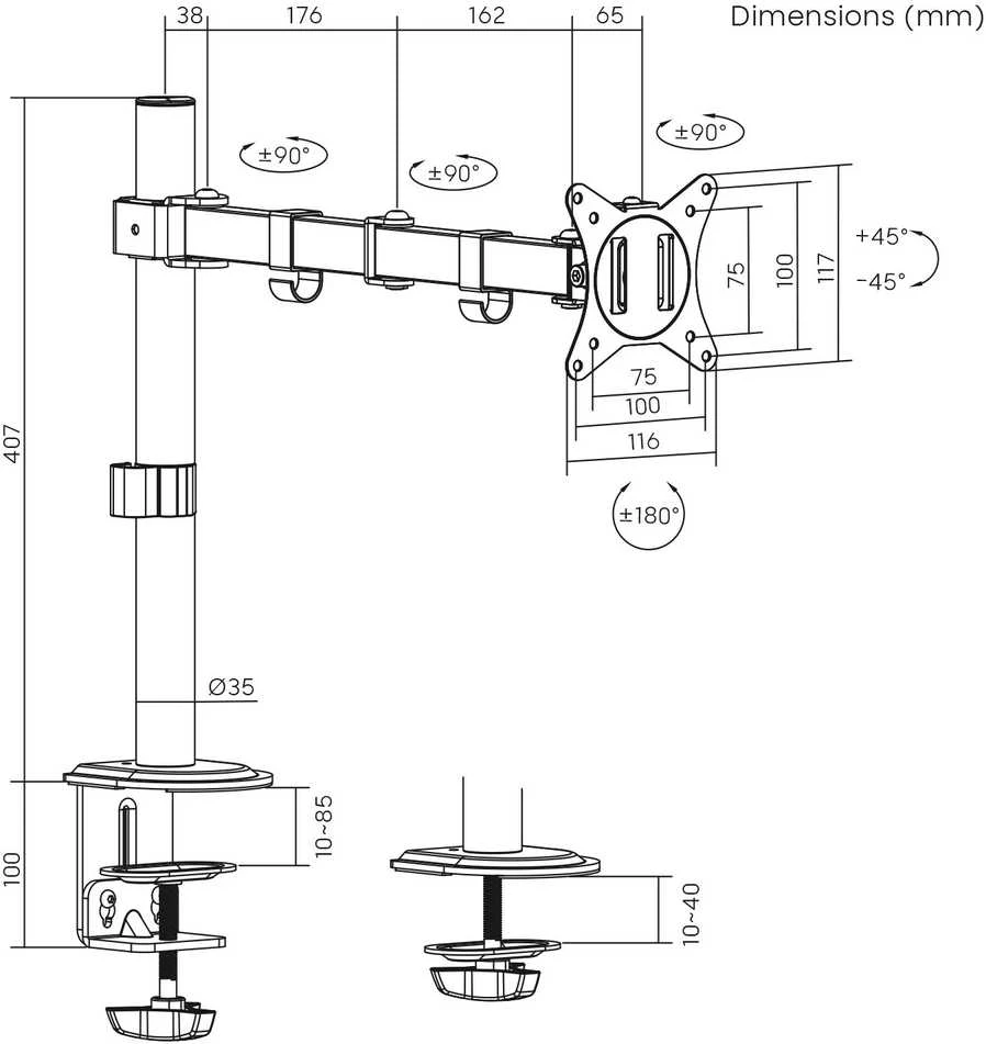 Maclean MC-753N LCD monitorius stalinis laikiklis 17-32" 9kg VESA 75x75 100x100 Vienos rankos ištiesiamas reguliuojamas