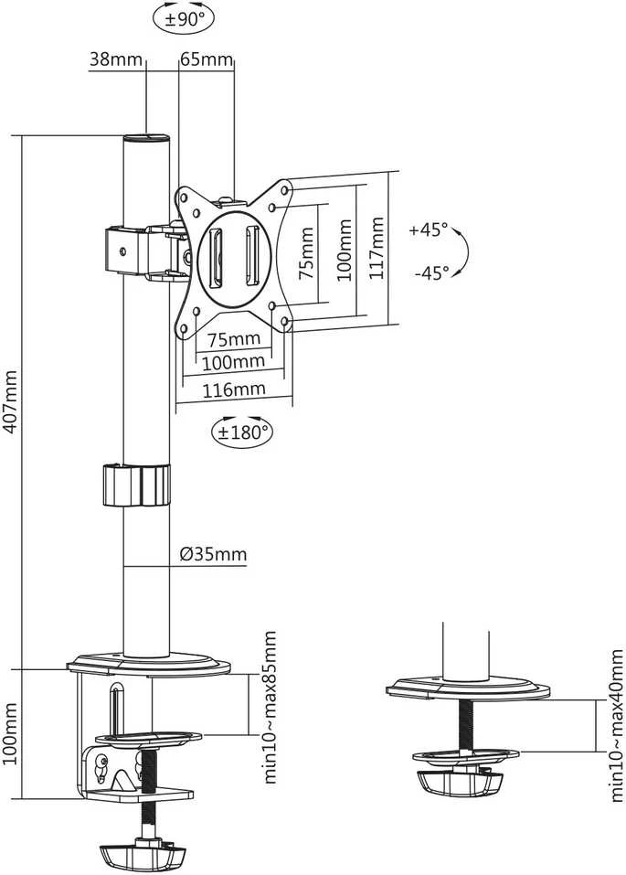 Maclean LCD monitoriaus stalo laikiklis, VESA 75x75 ir 100x100, 17-32" 9kg, MC-751N