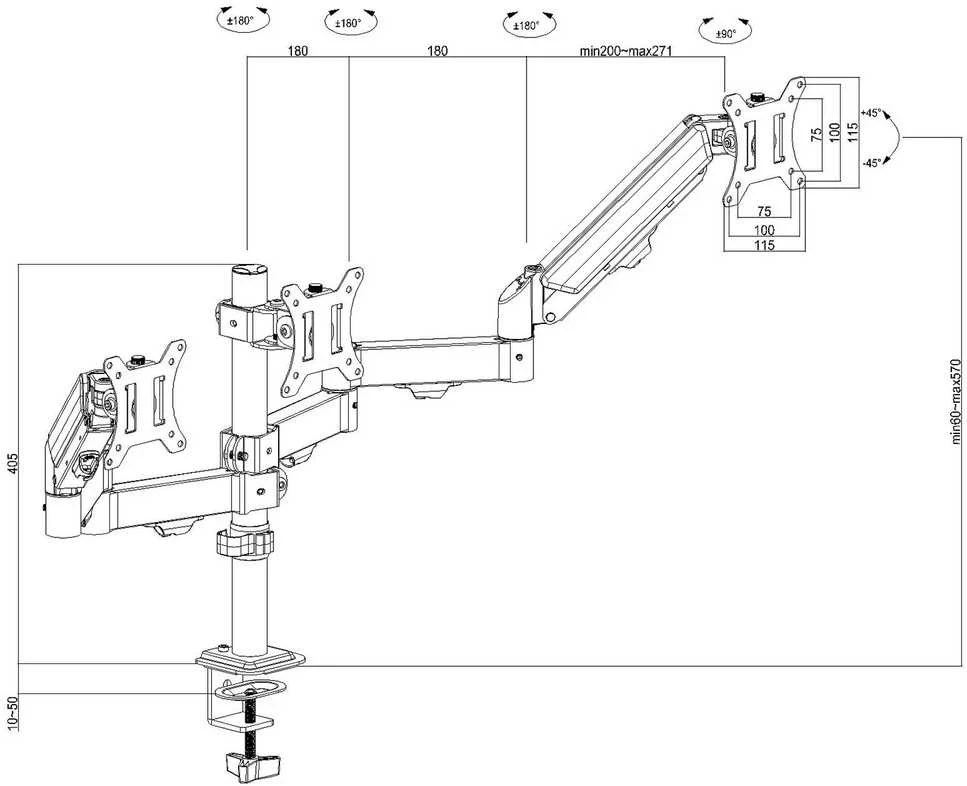 Laikiklis Maclean 3 monitorius mount, gas spring, 17"-27", 2-8kg, juodas, MC-137